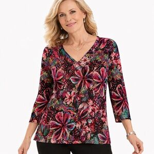 Chico’s Travelers Floral Knit Top Acetate Stretch Multicolor Size 3 - XL